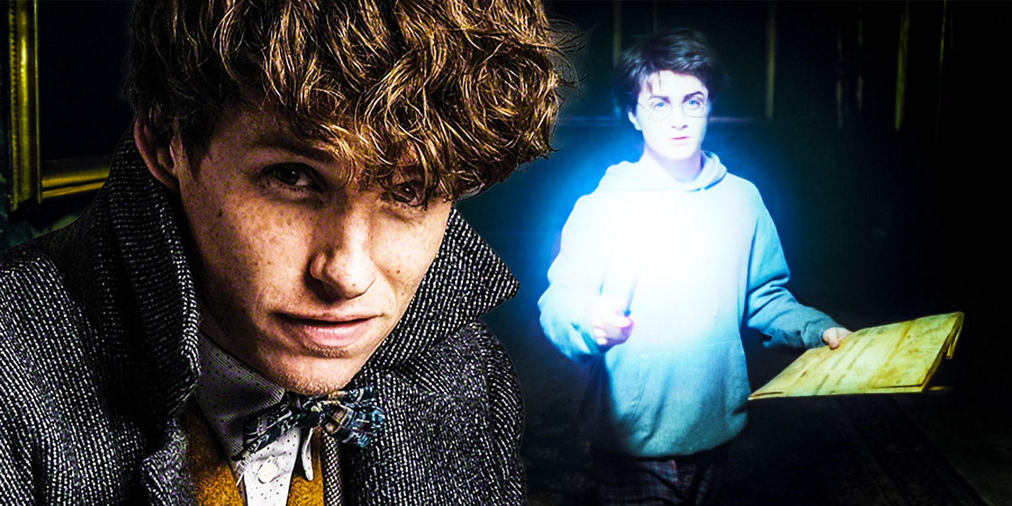 A blended image features Newt Scamander in the Fantastic Beasts movie and Harry Potter with the Marauders Map and his glowing wand in Prisoner of Azkaban