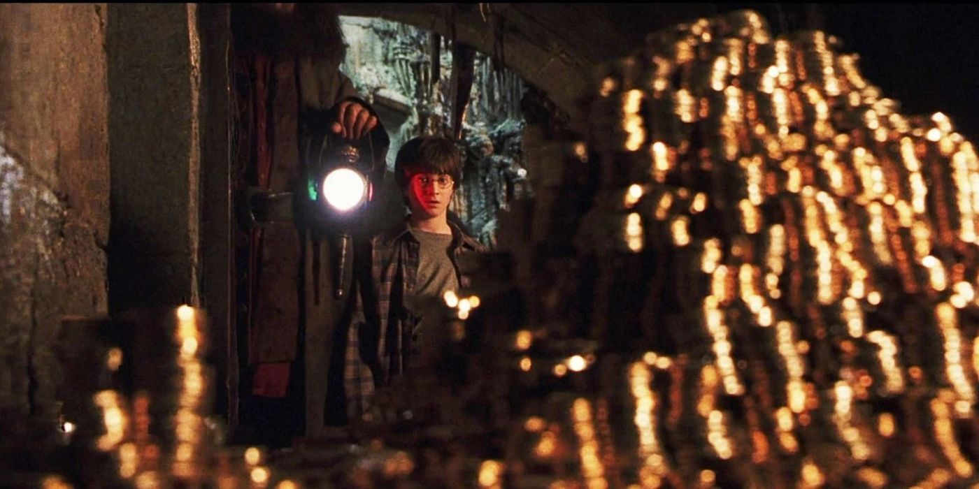 Harry standing in his Gringotts vault looking at his gold in Harry Potter