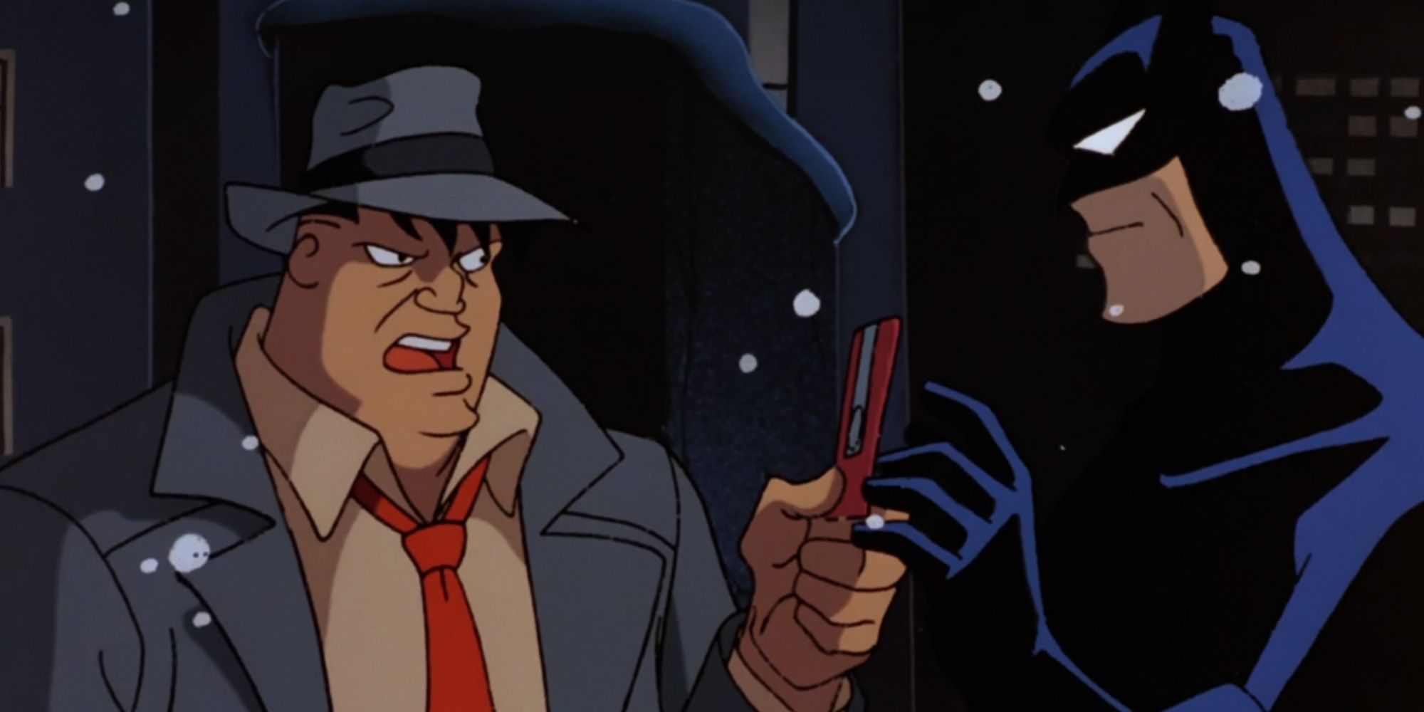 Harvey Bullock se encontrando com Batman na neve em A Bullet For Bullock de Batman The Animated Series