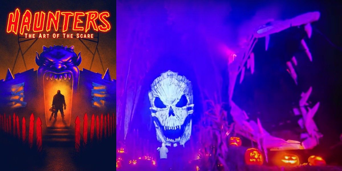 The poster for Haunters: The Art Of The Scare beside an example of one of those haunted attractions