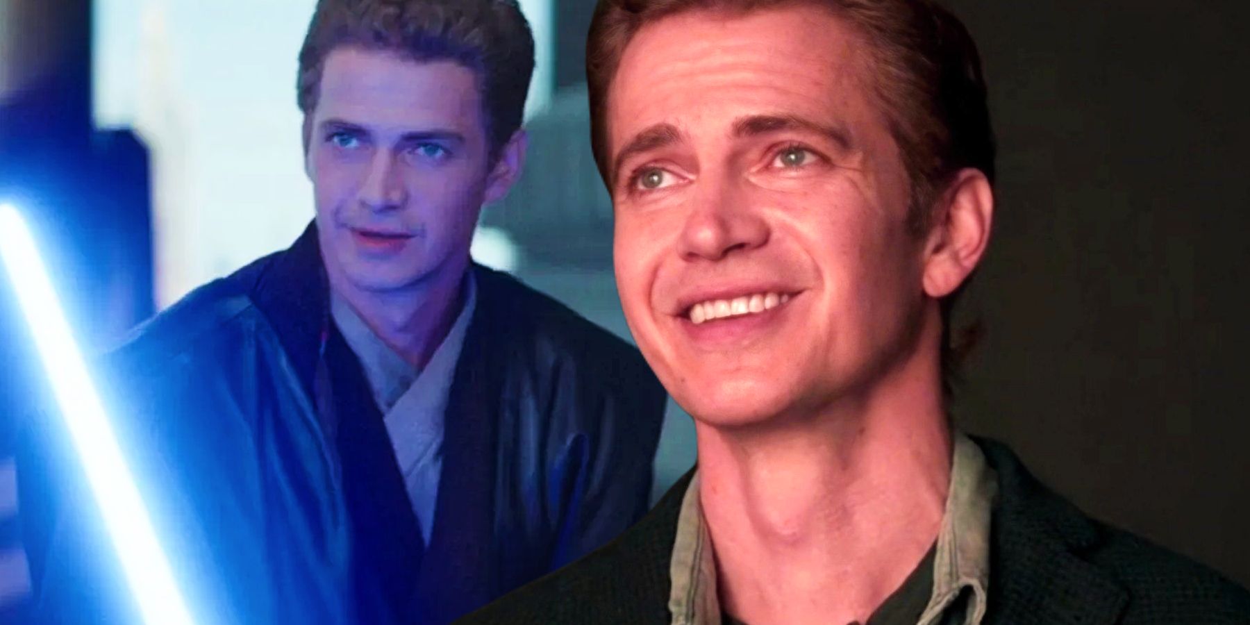 Hayden Christensen as Anakin Skywalker in Obi-Wan Kenobi wielding a lightsaber to the left and Hayden Christensen smiling to the right