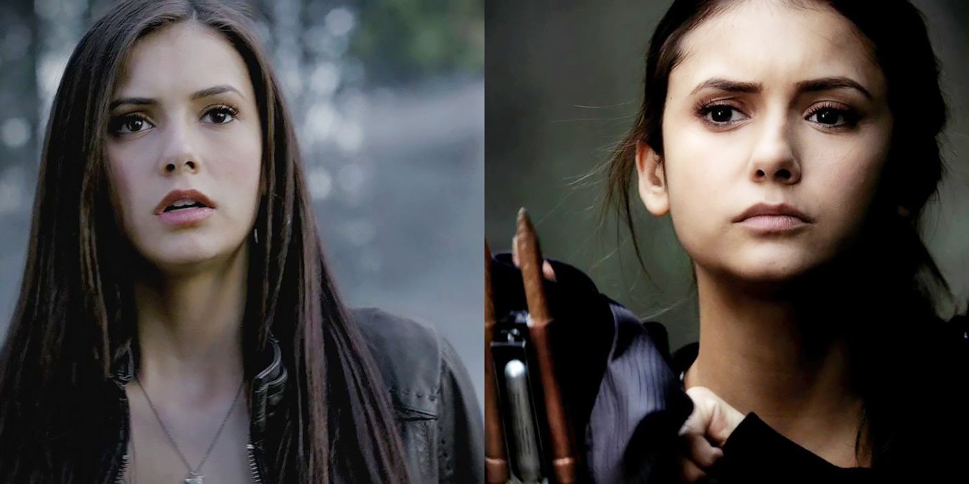 Split image of Elena Gilbert looking scared and Elena looking tough on The Vampire Diaries