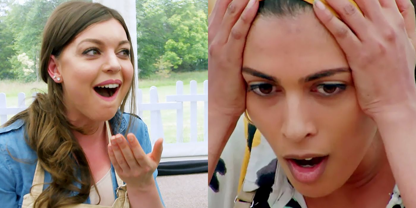 Split image of Kate after dropping a baked good on the floor and Crystelle holding her head in shock on Great British Baking Show