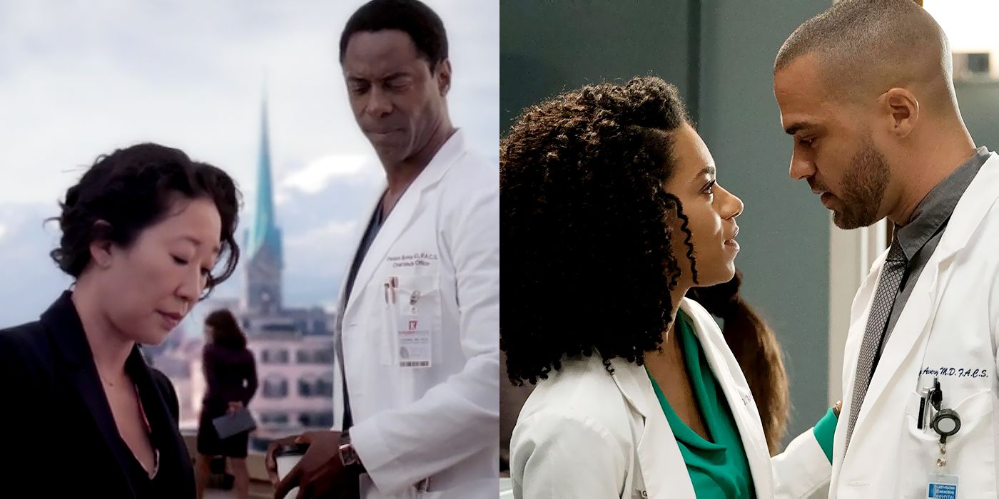 Split image of Burke and Cristina in Zurich and Maggie and Jackson looking at each other at the hospital.