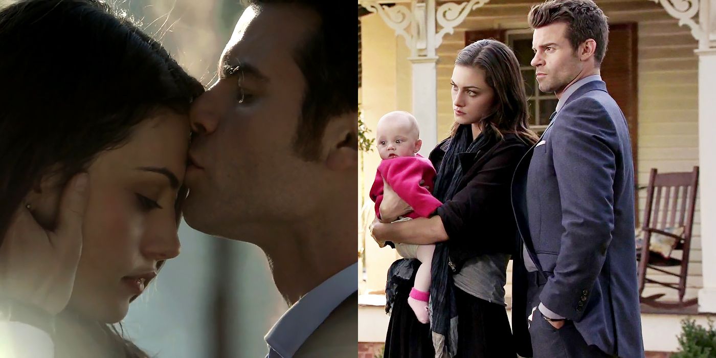 Split image of Elijah kissing Hayley's forehead and Elijah standing with Hayley and Hope
