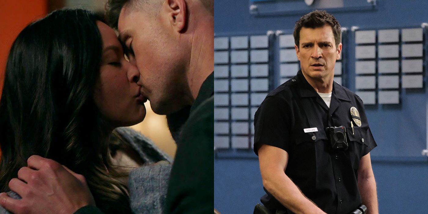 Split image of Tim and Lucy kissing and Nolan looking concerned or shocked on The Rookie