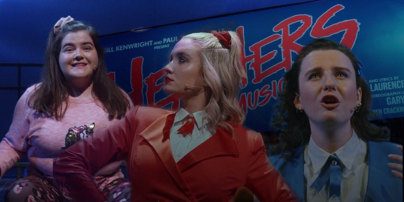 Martha, Heather Chandler, and Veronica from Heathers The Musical, with the show's billboard in the background.