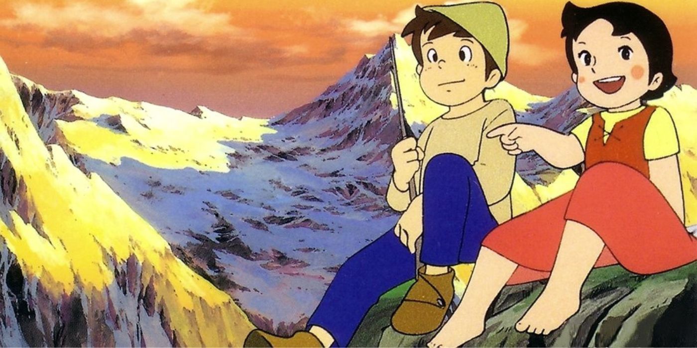 Heidi e Peter sentados no topo de uma montanha e sorrindo no anime Heidi, Girl Of The Alps.