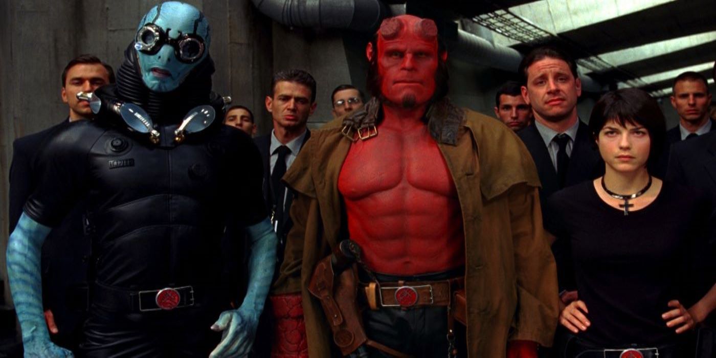 Hellboy, Liz, and Abe stand together in a scene from Hellboy 2.