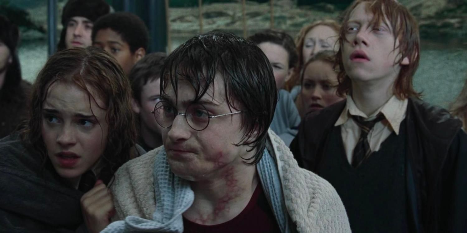 Hermione, Harry e Ron após a tarefa do lago no Torneio Tribruxo