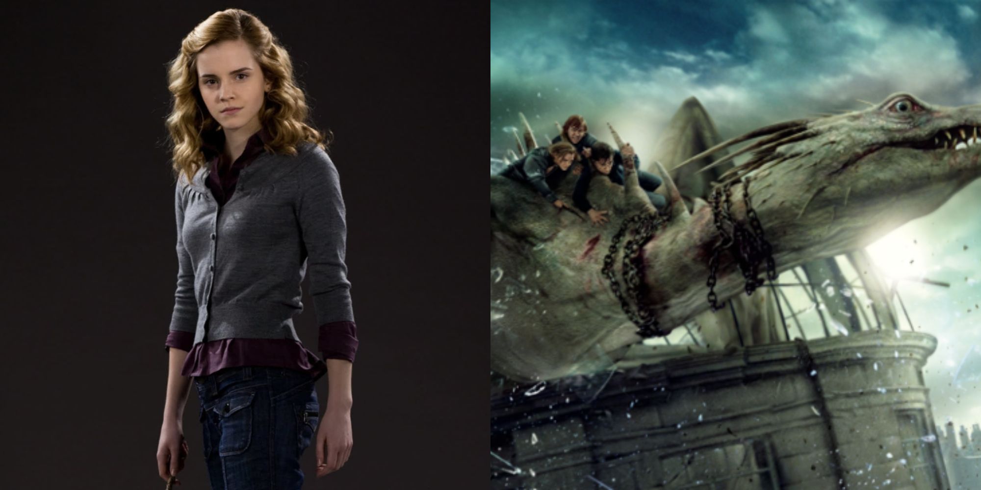 Split image showing Hermione and the Gringotts dragon in Harry Potter-