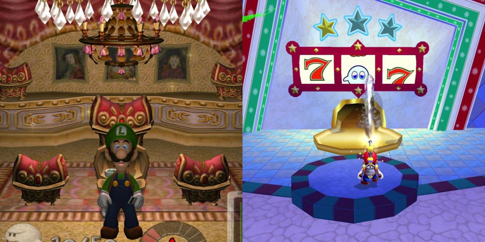 Split image showing the Hidden Room in Luigi's Mansion and Casino Delfino in Super Mario Sunshine
