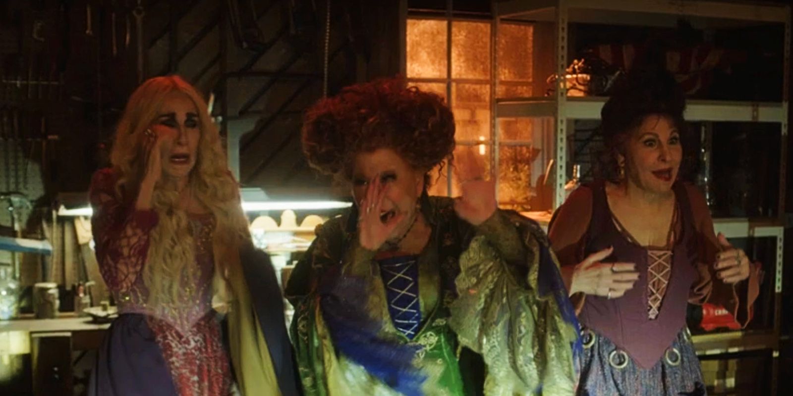 The Sanderson Sisters are hit by the "sun" in Hocus Pocus 2