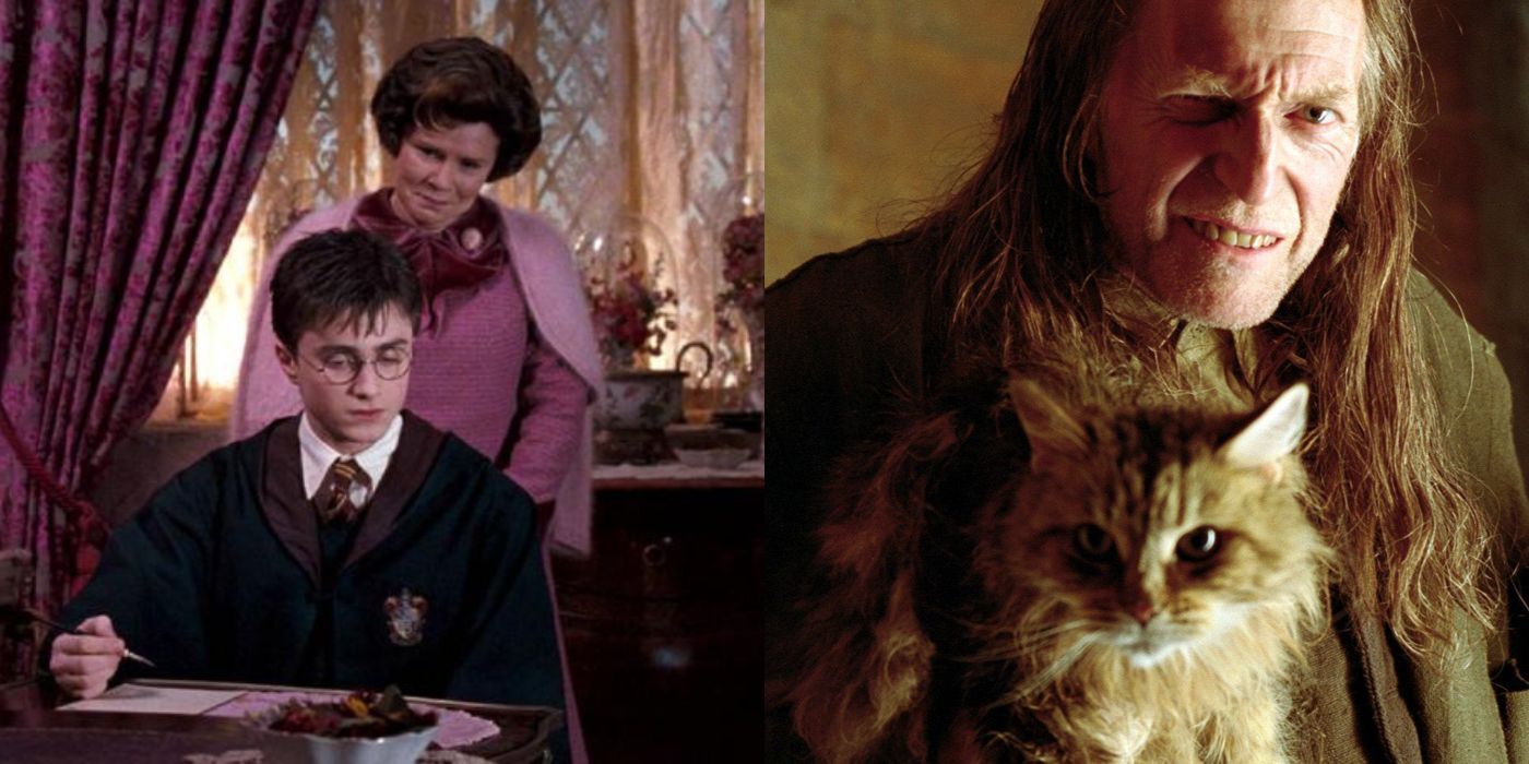 Two photos side by side: Harry Potter in detention with Umbridge; Filch and Mrs Norris
