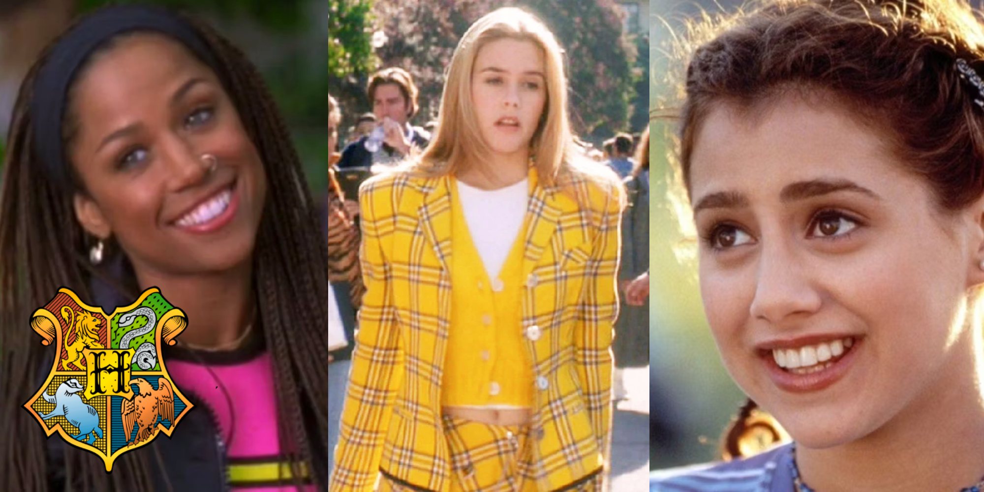 A split image features Dionne, Cher, and Tai in Clueless with a Hogwarts crest in the lower left corner