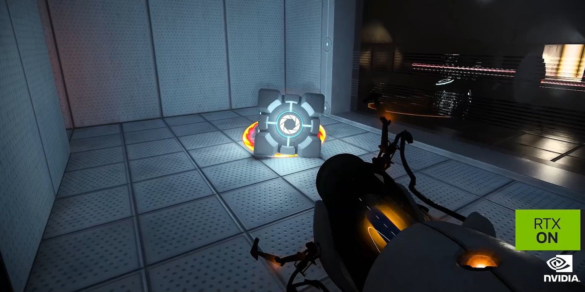 A cube is suspended in the air by the portal gun in Portal 