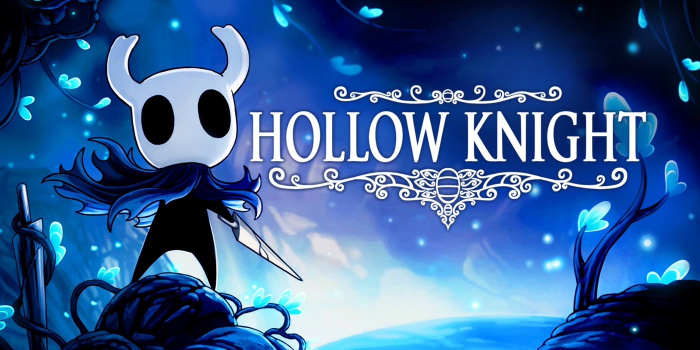 Arte promocional de Hollow Knight com o protagonista insetóide titular com sua espada Nail.