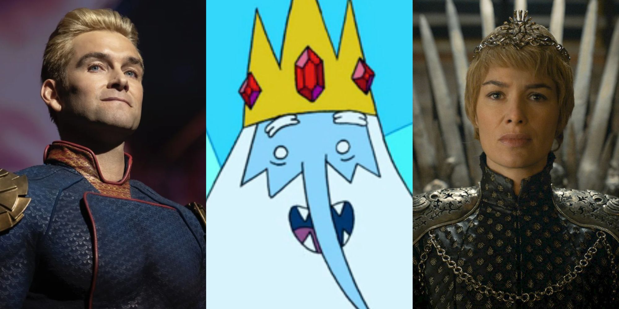 A split image of Homelander, the Ice King, and Cersei.