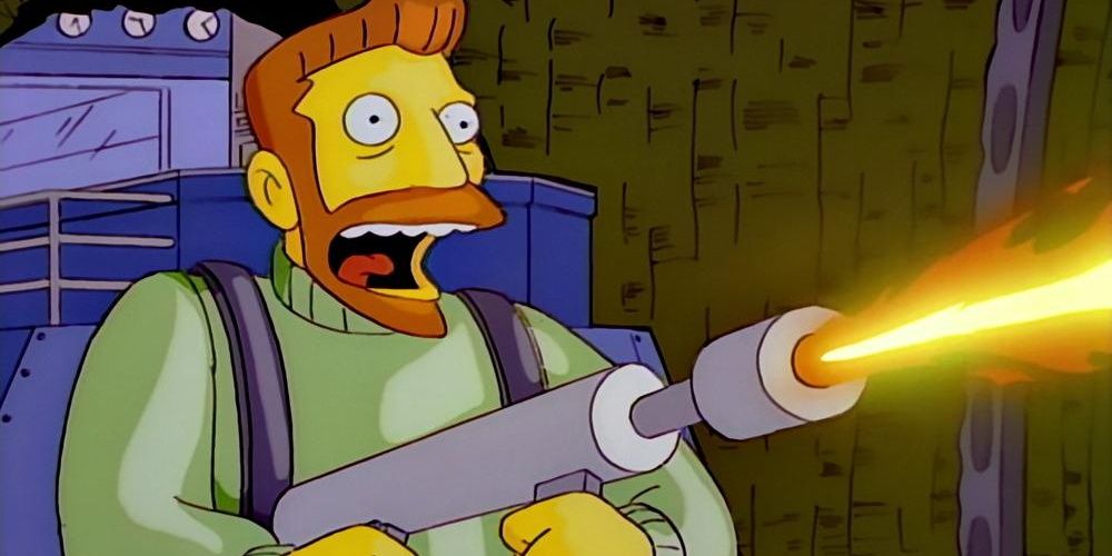 Homer's boss using a fire launcher in The Simpsons 