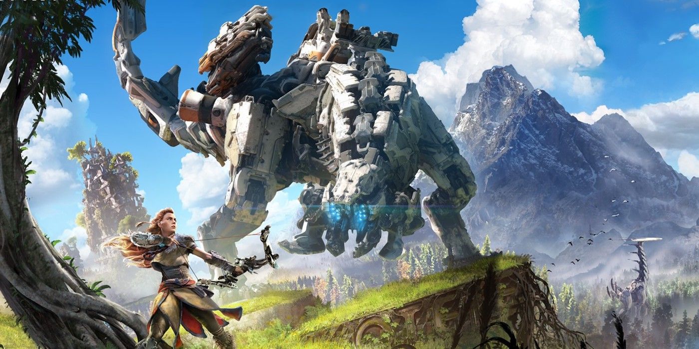 Aloy draws her bow with Thunderjaw in the background in Horizon Zero Dawn.