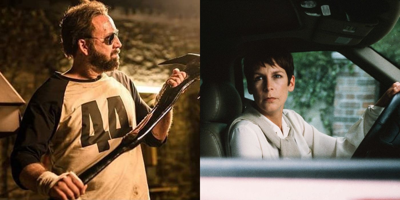 Split image of Red Miller (Nicolas Cage) in Mandy and Laurie Strode (Jamie Lee Curtis) in Halloween H20: 20 Years Later