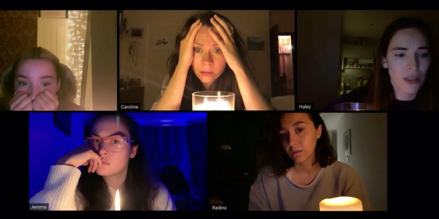 The characters of Host (2020) on a Zoom call