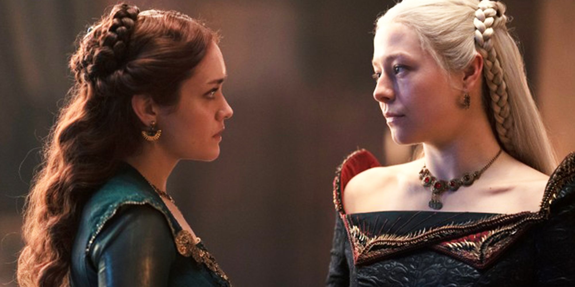 Alicent and Rhaenyra look into each other's eyes in House of the Dragon
