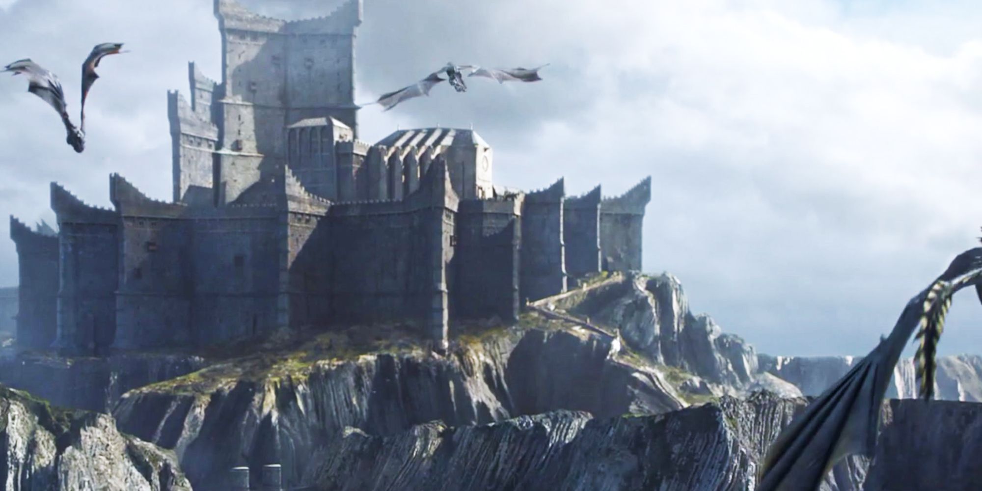 Dragons flying over Dragonstone in House of the Dragon.