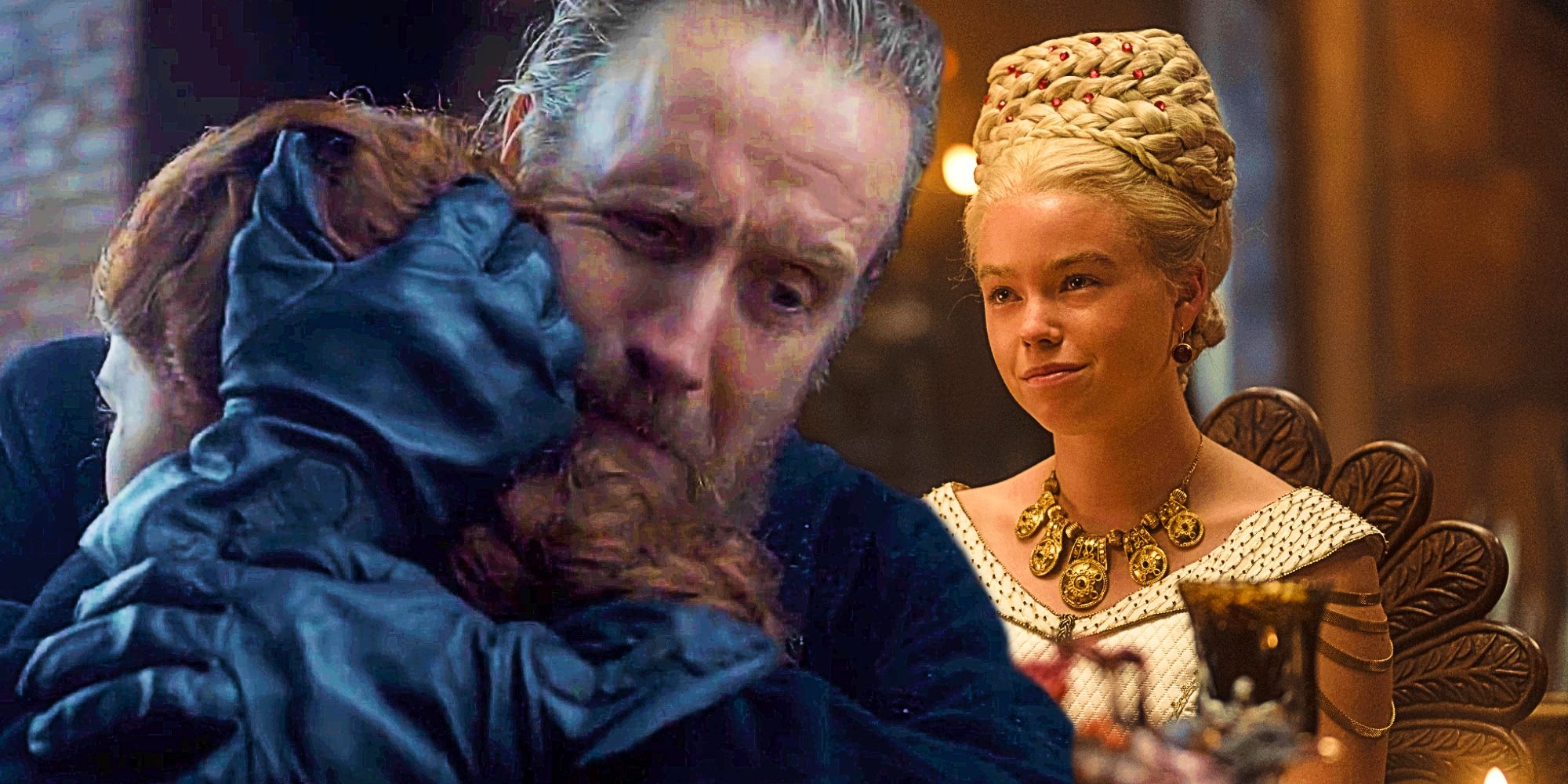 Rhys Ifans como Otto Hightower e Milly Alcock como Rhaenyra Targaryen em HOTD Episódio 5