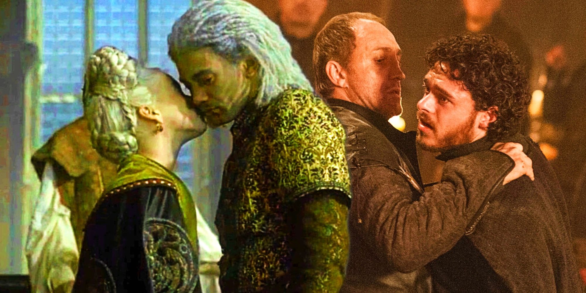 Imagem misturada de Rhaenyra e Laenor em seu casamento em House of the Dragon com Robb e Roose Bolton no casamento vermelho de Game Of Thrones