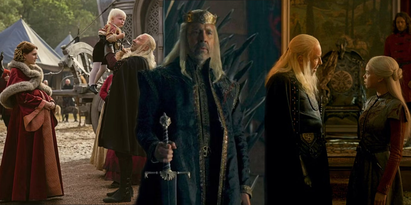 Three images of Viserys: playing with Aegon beside Alicent, staring down from the Iron Throne, and arguing with Rhaenyra