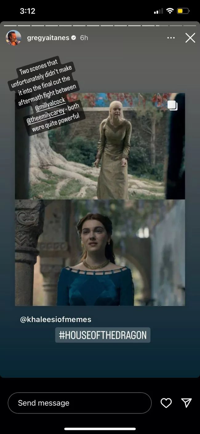 Instagram story screenshot of a deleted House of the Dragon scene
