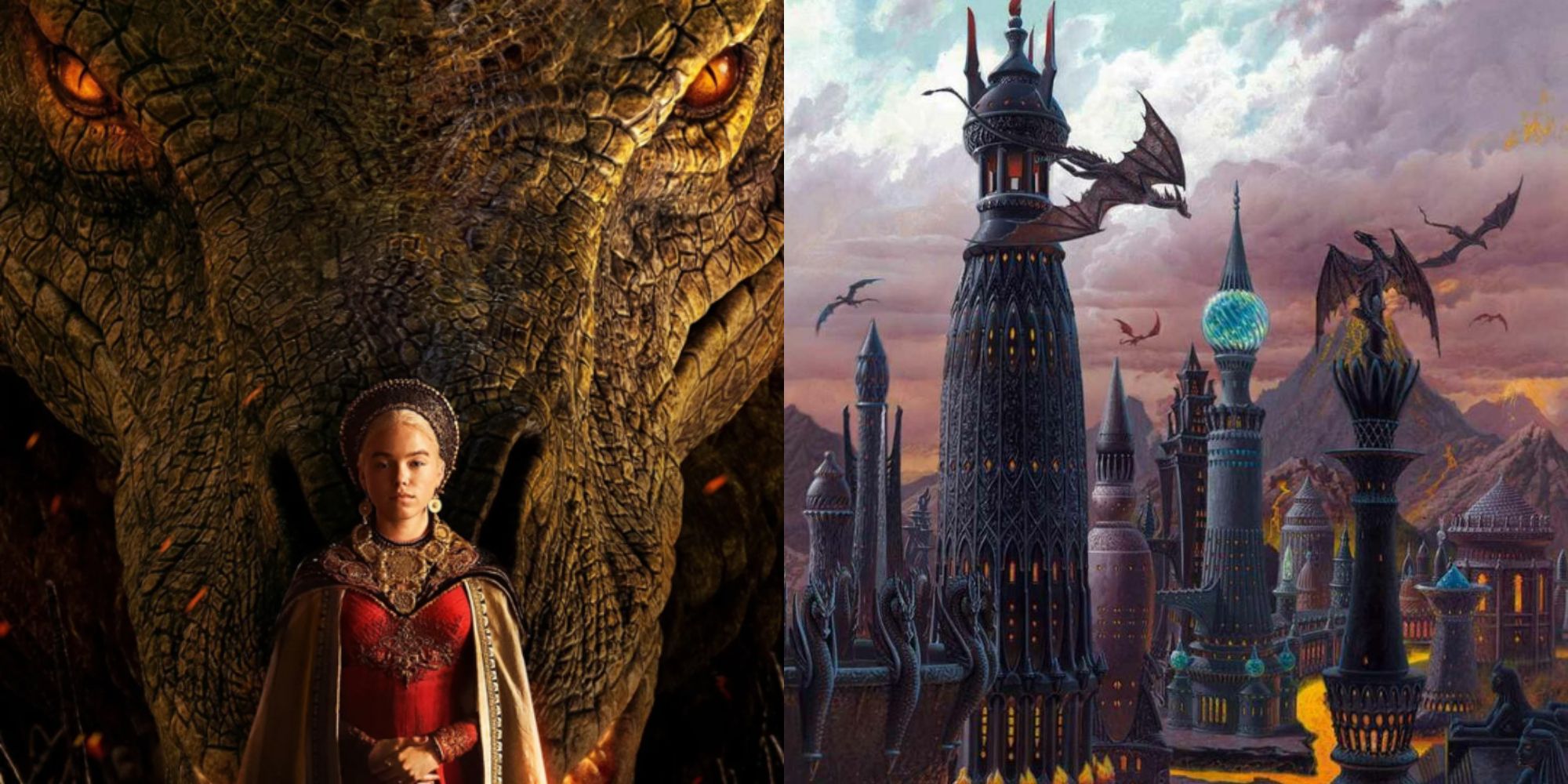 Split image showing the poster for House of the Dragon and artwork depicting dragons flying over Old Valyria.