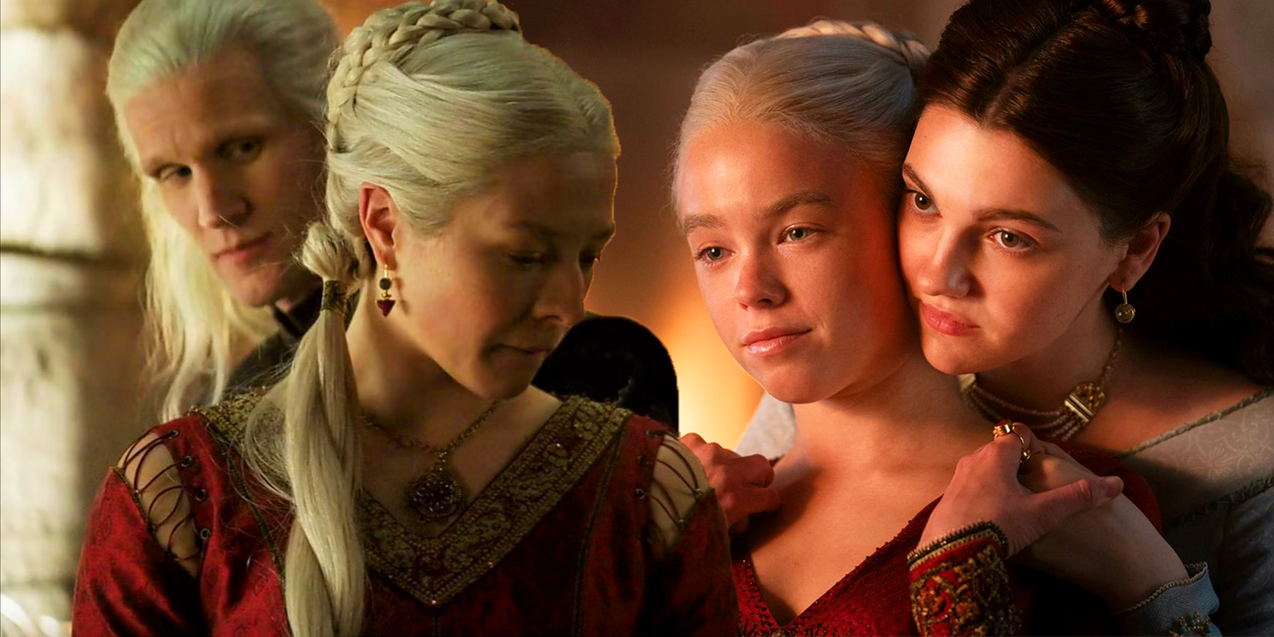 A young Rhaenyra with Alicent and an older Rhaenyra with Daemon in House of the Dragon