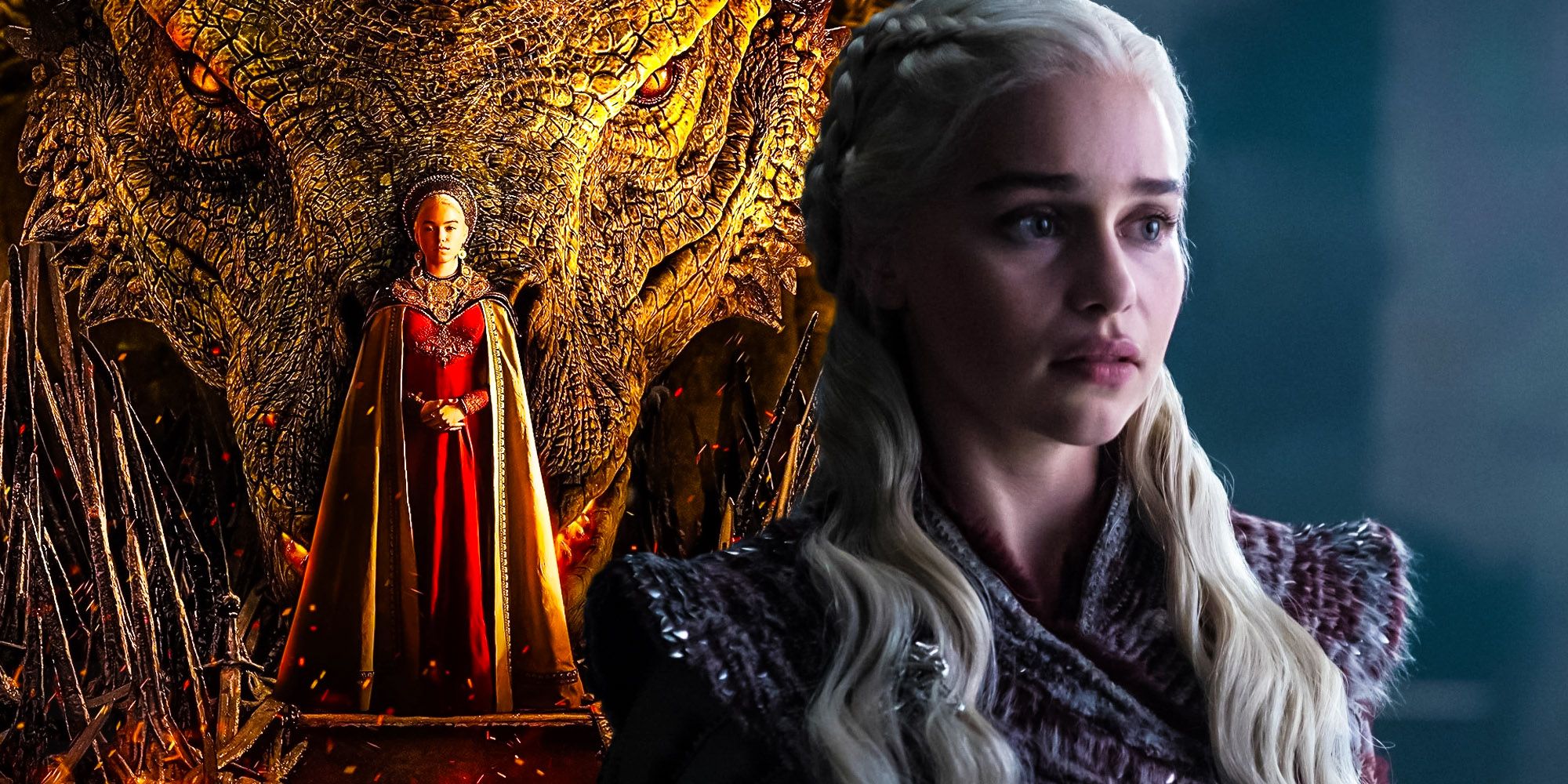 Blended image showing Rhaenyra in House of the Dragon and Daenerys in Game of Thrones.
