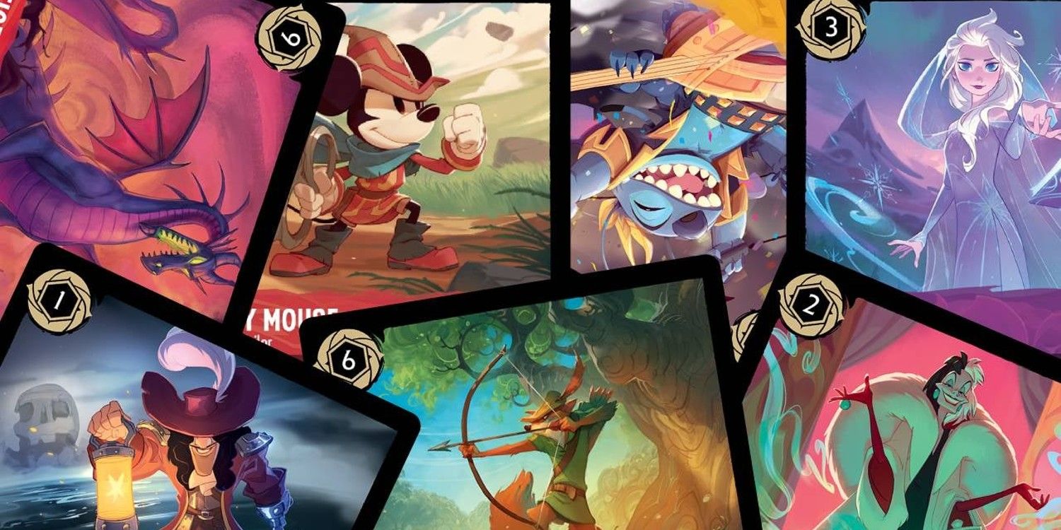 collage of the seven promo cards for disney lorcana