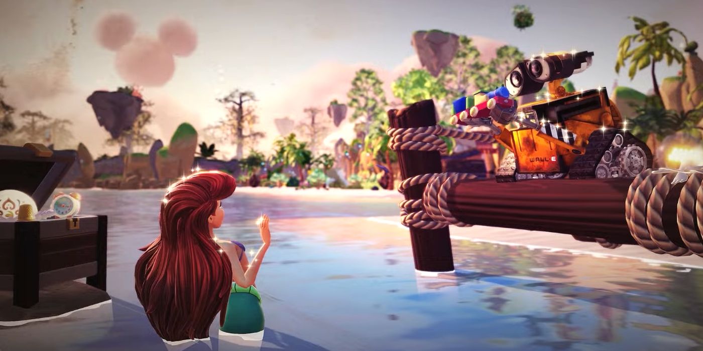 Wall-E handing a Toy Train to Ariel in Disney Dreamlight Valley