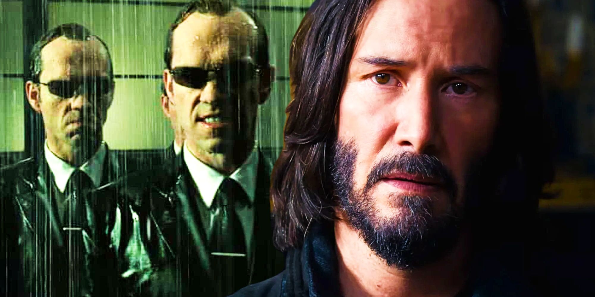 Hugo Weaving as Smith and Keanu Reeves as Neo
