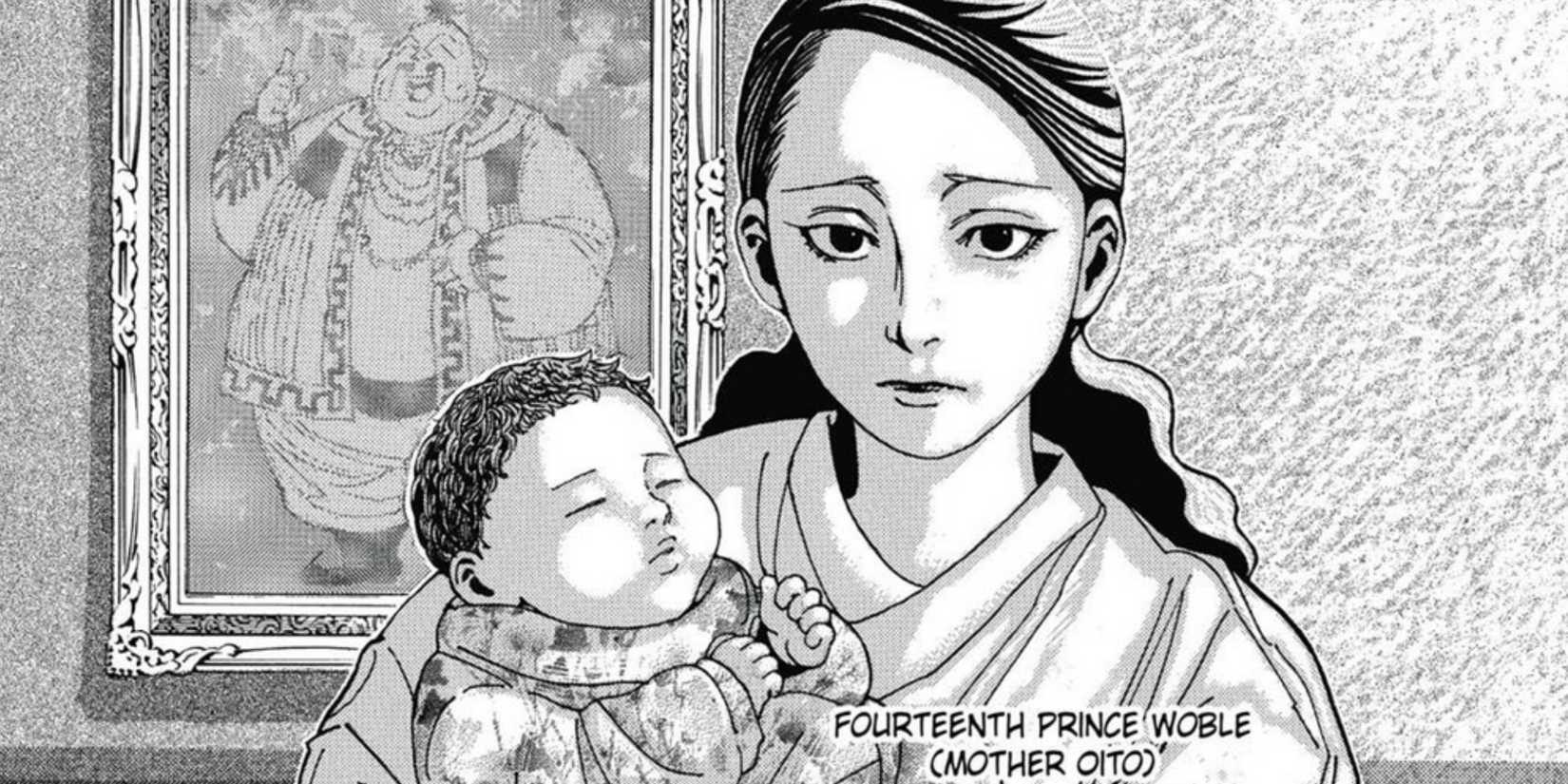 Hunter x Hunter's Oito holding baby Woble and looking a little concerned.