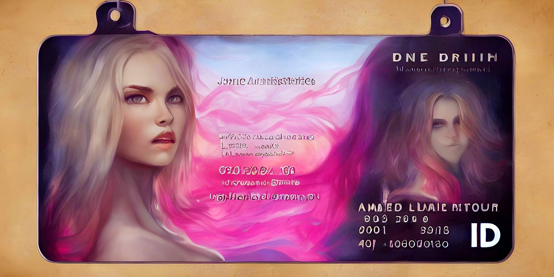 Colorful ID card with young woman's portrait, jumbled text representing information