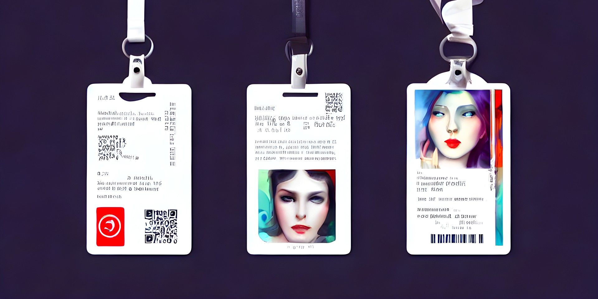 Three AI-generated vertical ID cards with jumbled text information, artistic portraits of women, and fake QR codes