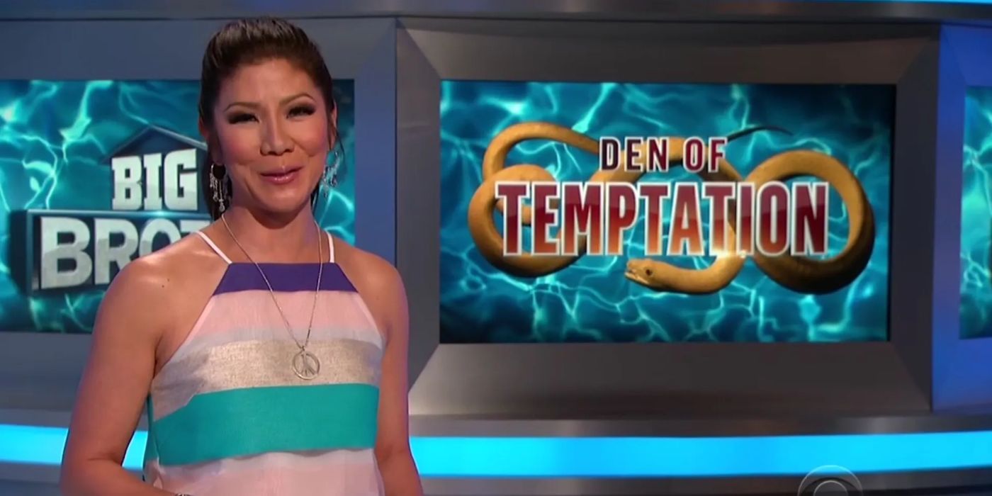Julie Chen next to the Big Brother 19 Den of Temptation logo