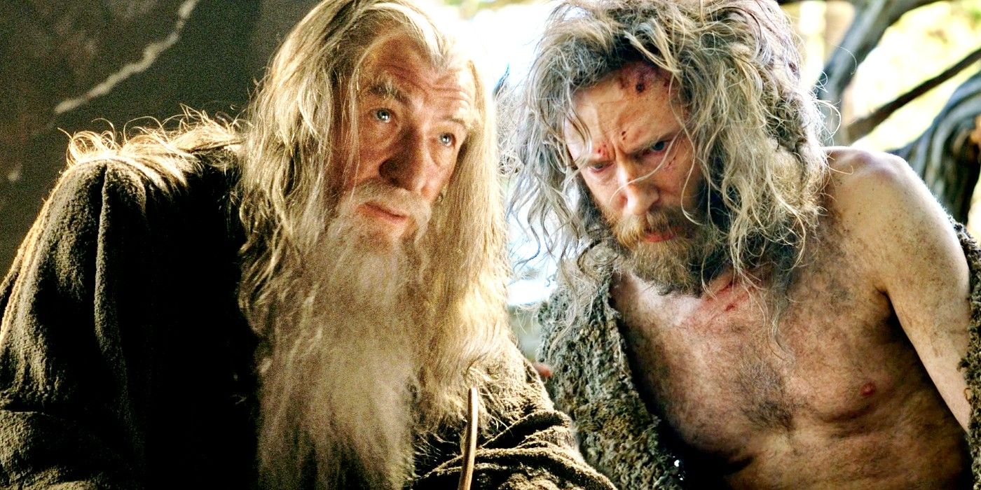 Ian McKellen como Gandalf em Senhor dos Anéis e Daniel Weyman como Estranho em Anéis do Poder