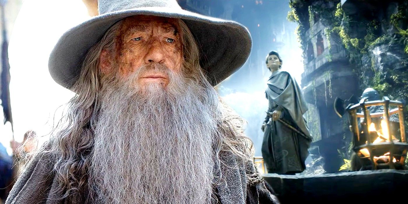 Ian McKellen as Gandalf in The Hobbit and Robert Aramayo as Elrond in The Rings of Power
