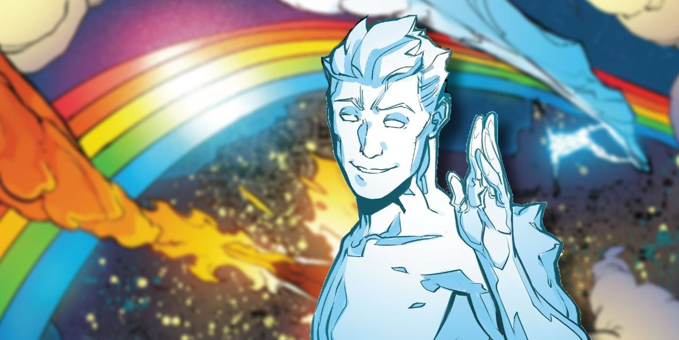 Ice man waves in front of a rainbow from Marvel comics.