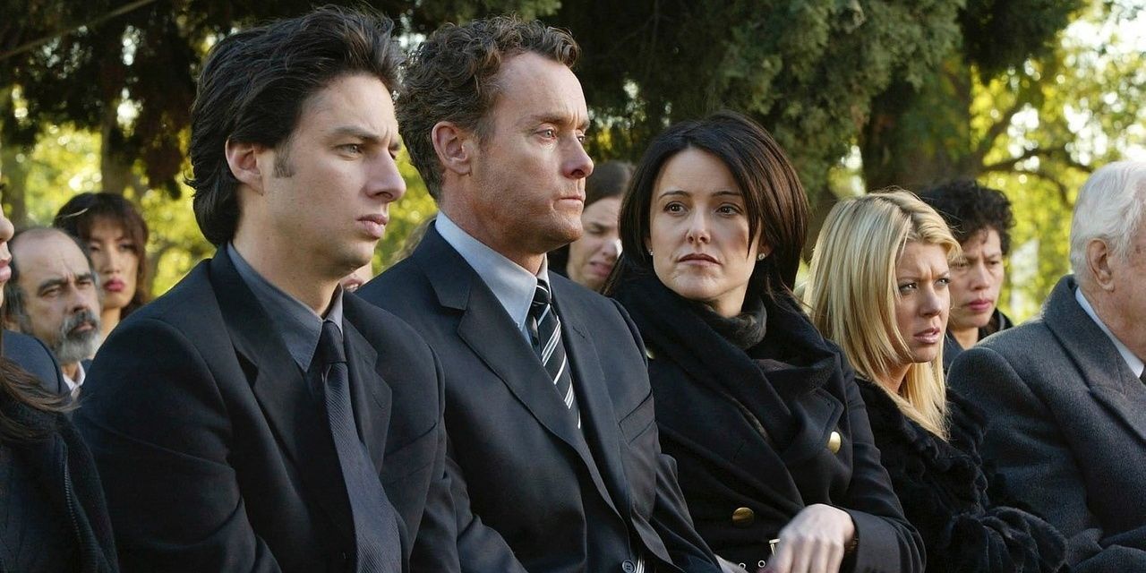 J.D, Cox, and Jordan at a funeral in Scrubs 