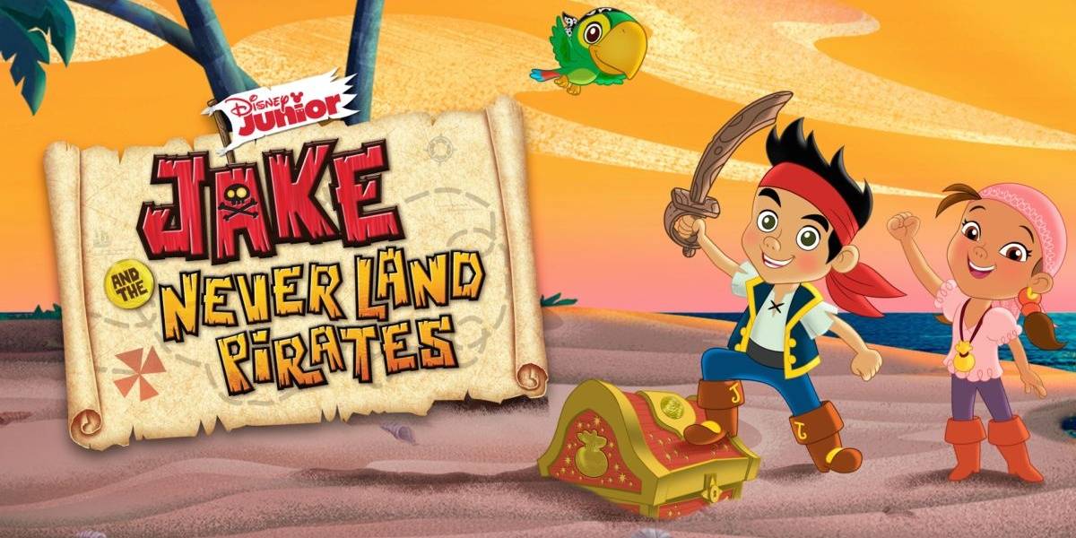 Jake pisando em um baú do tesouro e levantando uma espada de madeira em Jake and the Neverland Pirates Cropped