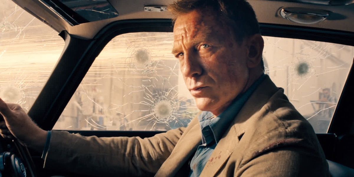 James Bond driving a bulletproof Aston Martin in No Time to Die