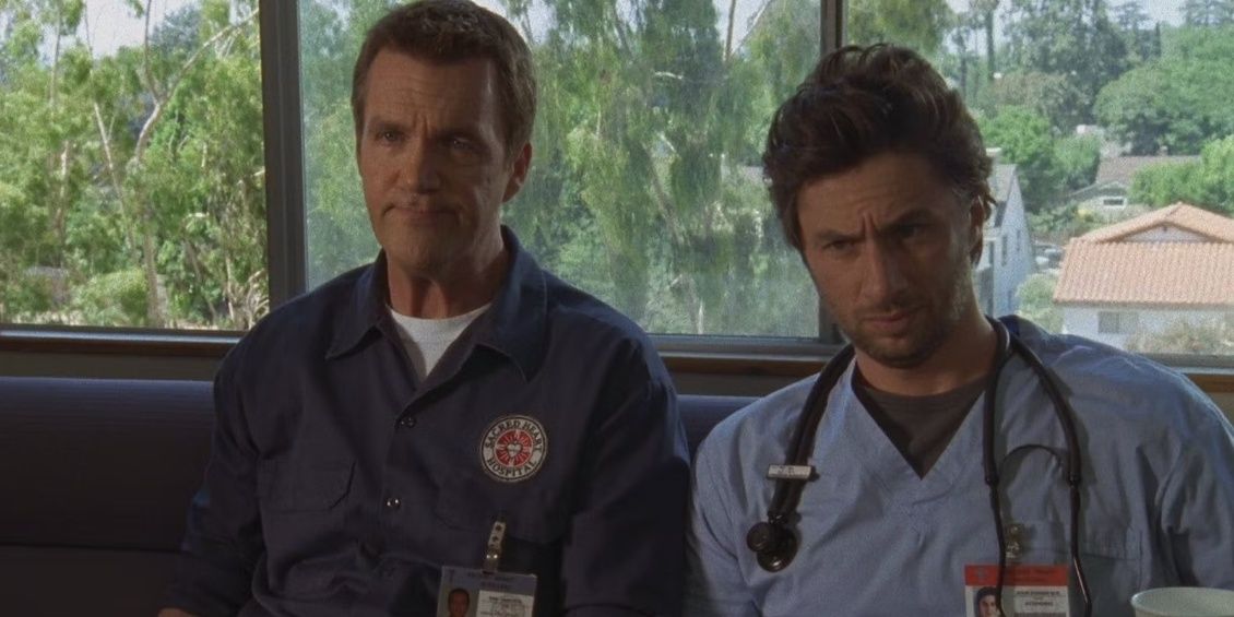 Janitor and JD sitting together in Scrubs 
