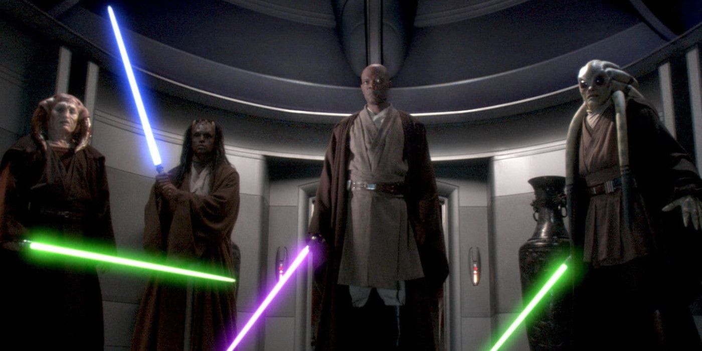 Mace Windu avec trois autres Jedi dans Star Wars : La Revanche des Sith.